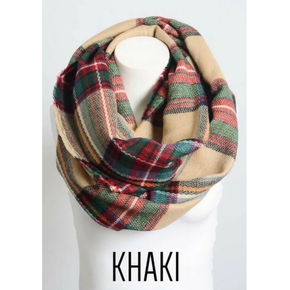 Khaki Plaid Classic Frayed Edge Infinity Scarf - Picture 4 of 4